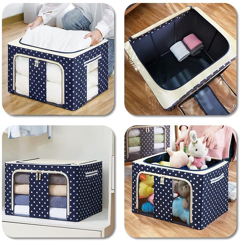 Dinta Mall Dinta Mall Foldable 66 Ltr Oxford Fabric Blanket Saree Cloth Shoes Bed Sheet Storage Box with Clear Window and Reinforced Handles for Under bed Wardrobe 50 x 40 x 33 CM Pack of 1 Dot Blue - Image 3