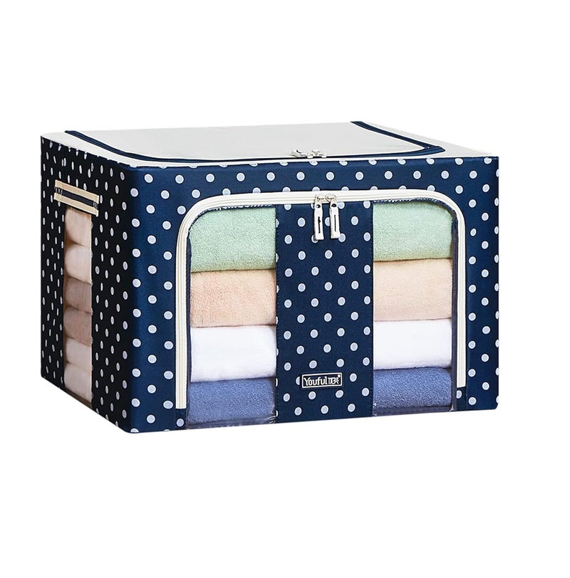 Dinta Mall Dinta Mall Foldable 66 Ltr Oxford Fabric Blanket Saree Cloth Shoes Bed Sheet Storage Box with Clear Window and Reinforced Handles for Under bed Wardrobe 50 x 40 x 33 CM Pack of 1 Dot Blue - Image 1