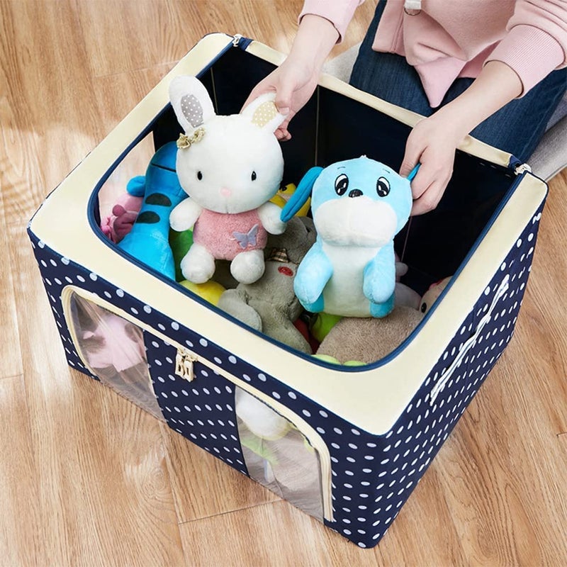 Dinta Mall Dinta Mall Foldable 66 Ltr Oxford Fabric Blanket Saree Cloth Shoes Bed Sheet Storage Box with Clear Window and Reinforced Handles for Under bed Wardrobe 50 x 40 x 33 CM Pack of 1 Dot Blue - Image 4
