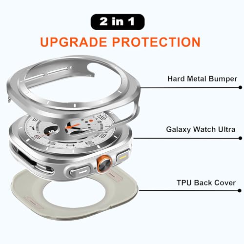 Suphart Metal Cases Compatible with Samsung Galaxy Watch Ultra (2025/2024) 47mm Case, Stainless Steel Protective Cover Rugged Bumper with Back Frame for Galaxy Watch Ultra, Silver/White - Image 2