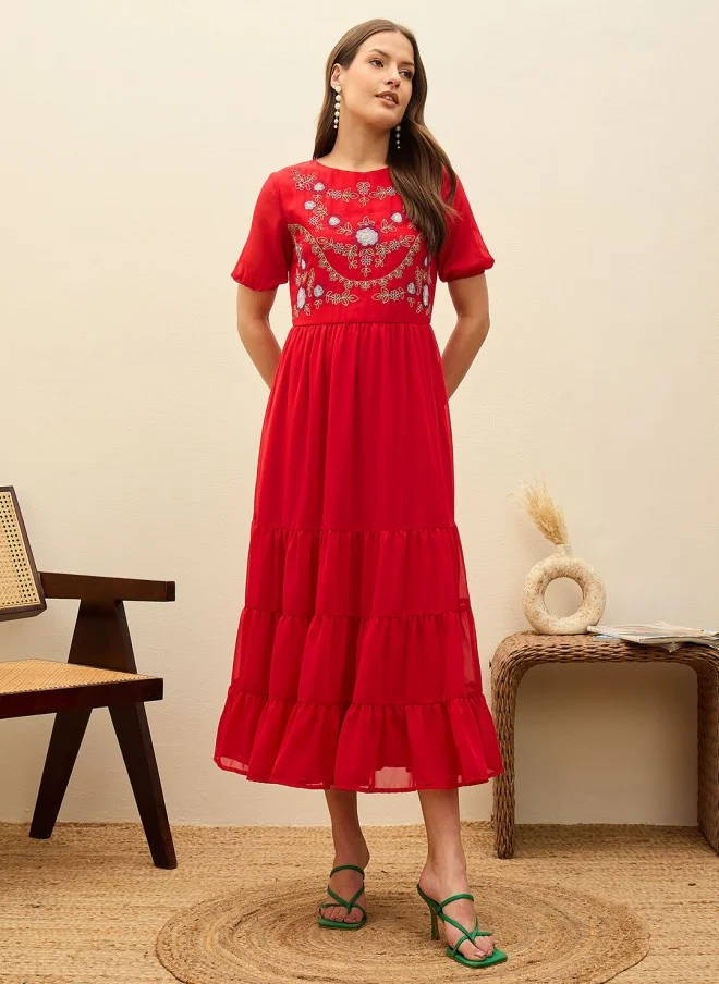 ساسافراس فستان ماكسي نسائي من الشيفون الأحمر بطبقات