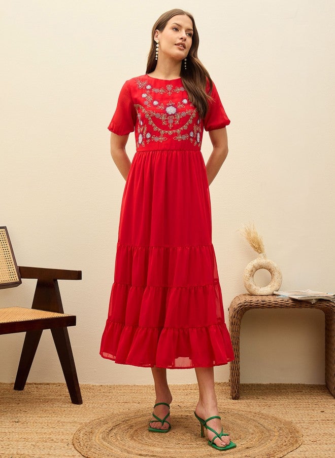 ساسافراس فستان ماكسي نسائي من الشيفون الأحمر بطبقات - Image 2