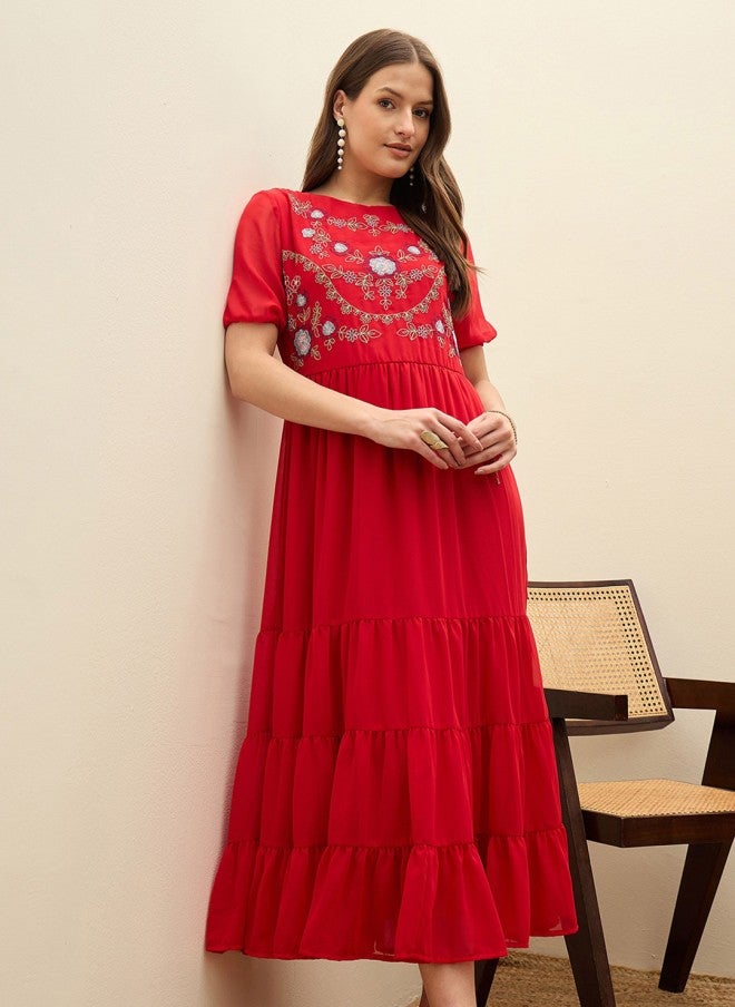 ساسافراس فستان ماكسي نسائي من الشيفون الأحمر بطبقات - Image 1