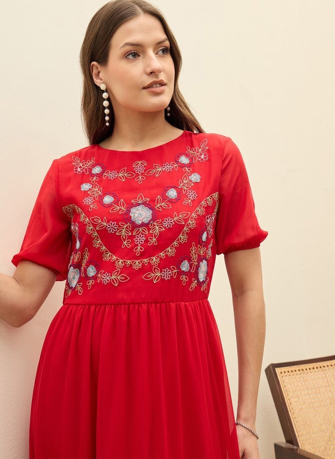 ساسافراس فستان ماكسي نسائي من الشيفون الأحمر بطبقات - Image 3