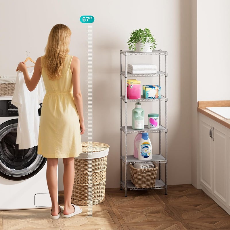 SINGAYE 6 Tier Shelf Wire Shelving Adjustable Storage Shelves Rack Standing Units for Kitchen Closet Laundry Bathroom Organizers Metal Pantry Narrow Mesh Gaps 10" D x 16" W x 60" H Gray - Image 1