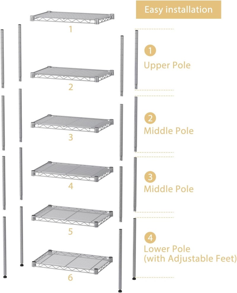 SINGAYE 6 Tier Shelf Wire Shelving Adjustable Storage Shelves Rack Standing Units for Kitchen Closet Laundry Bathroom Organizers Metal Pantry Narrow Mesh Gaps 10" D x 16" W x 60" H Gray - Image 3
