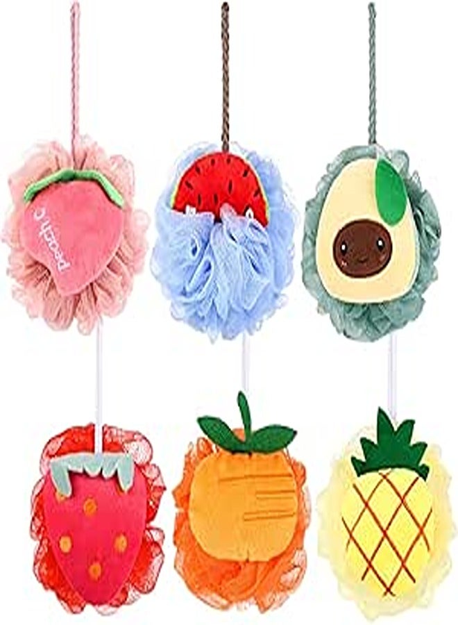 6 Pieces kids Bath Shower Sponge Cute Fruit Pouf Loofahs Bath Sponges for Shower Colorful Cartoon Baby Bath Sponge Mesh Brush Body Loofah with Handle for Children Adult Travel (Fruit)