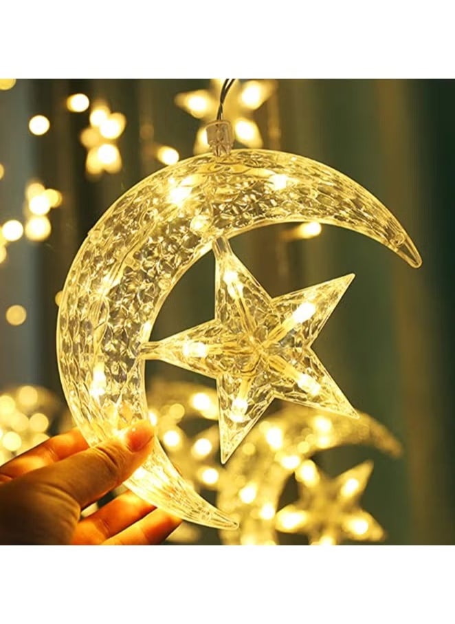 Generic Pack of 2 pc each 138 LED Star Moon Curtain Decorative Lights, Window Curtain Fairy String with connecting Plug, 8 Lighting Modes for Home Ramadan Decoration Wedding Party, Warm White  - Image 1