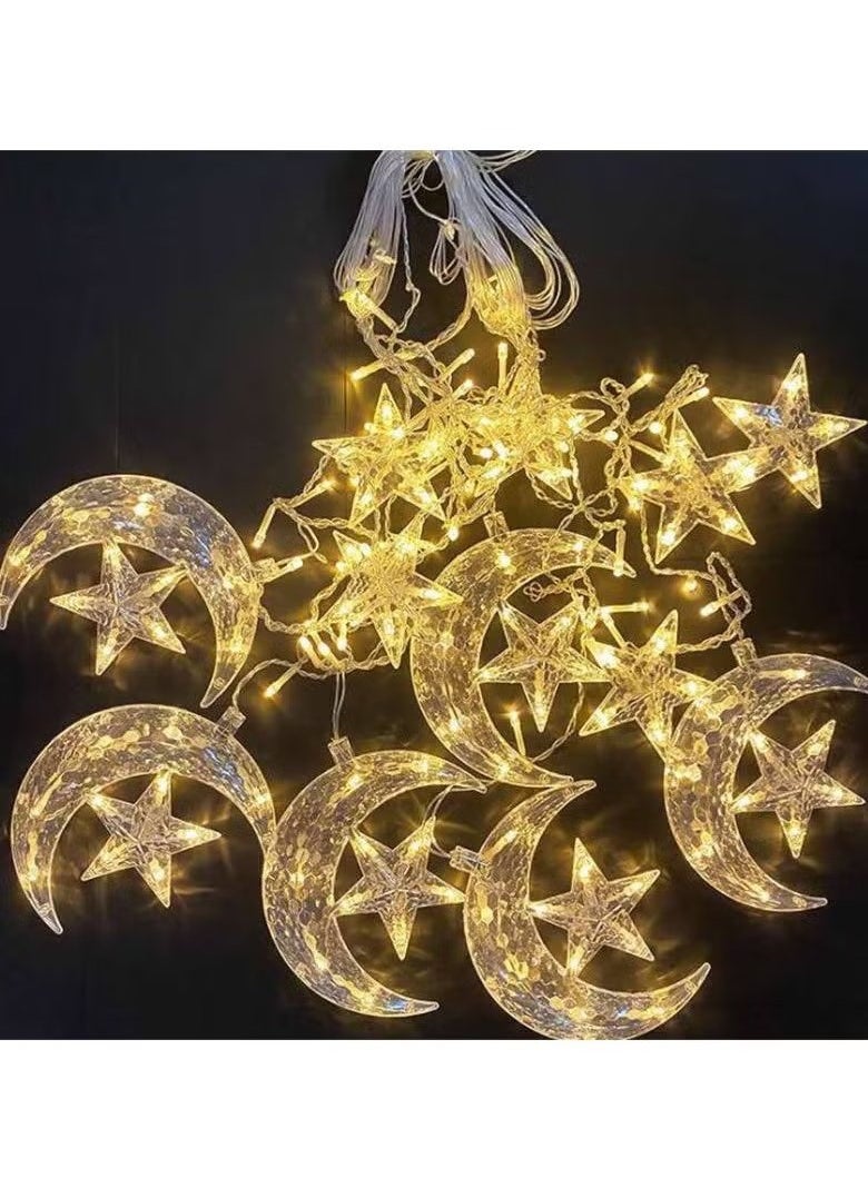 Generic Pack of 2 pc each 138 LED Star Moon Curtain Decorative Lights, Window Curtain Fairy String with connecting Plug, 8 Lighting Modes for Home Ramadan Decoration Wedding Party, Warm White  - Image 2