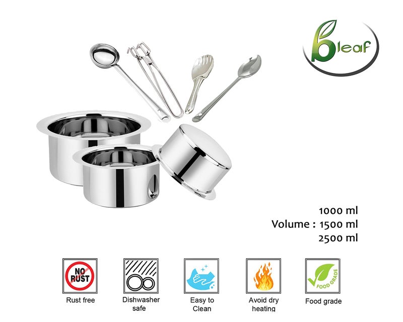 BLeaf Stainless Steel-Flat Bottom Tope/Heavy Guage Tope (Pack of 3) (1L, 1.5L, 2.5L) 4 Pcs Ladle Set (Combo) - Image 5
