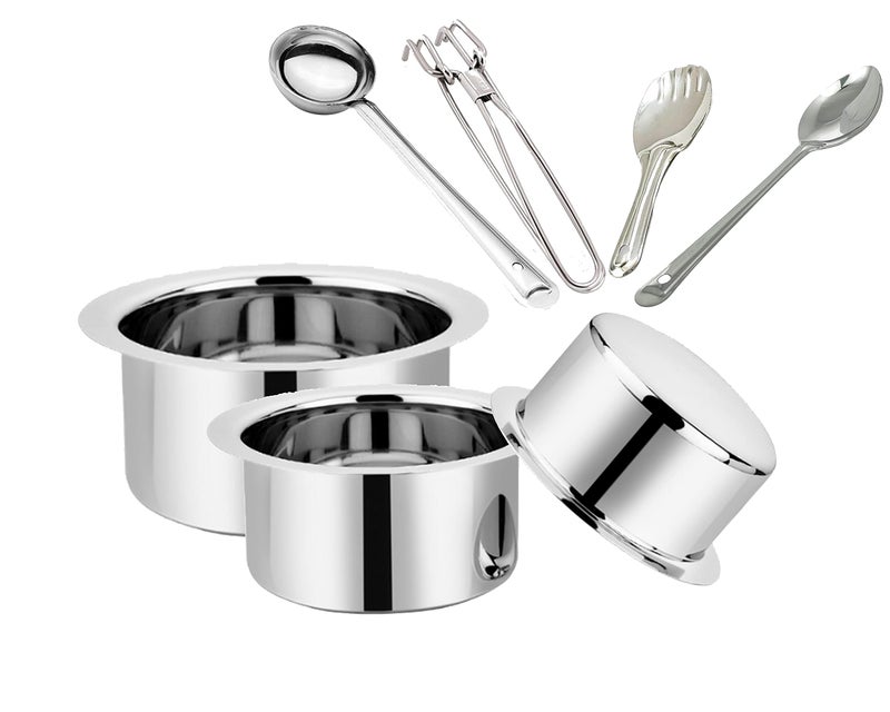 BLeaf Stainless Steel-Flat Bottom Tope/Heavy Guage Tope (Pack of 3) (1L, 1.5L, 2.5L) 4 Pcs Ladle Set (Combo) - Image 1