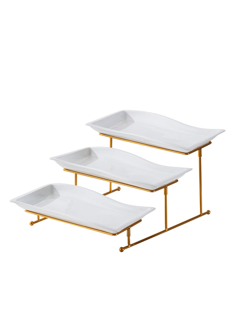 Shallow Elegant Porcelain 3 Tier Rectangle White 33cm Plate with Gold Stand - Image 1