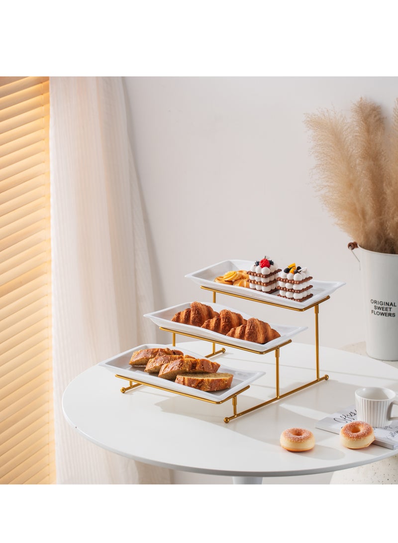 Shallow Elegant Porcelain 3 Tier Rectangle White 33cm Plate with Gold Stand - Image 2