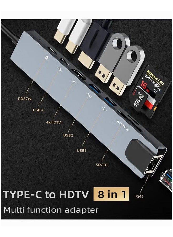 موزع USB C عام 8 في 1 متعدد المنافذ من النوع C إلى محول HDMI مع فتحات قارئ بطاقة SD TF HDMI 4K و3 منافذ USB 3.0 لأجهزة MacBook Pro Air M3 M2 M1 iPad Pro M4 iPhone 16 15 Pro Max Galaxy S24 S23 Ultra | فضي - Image 1