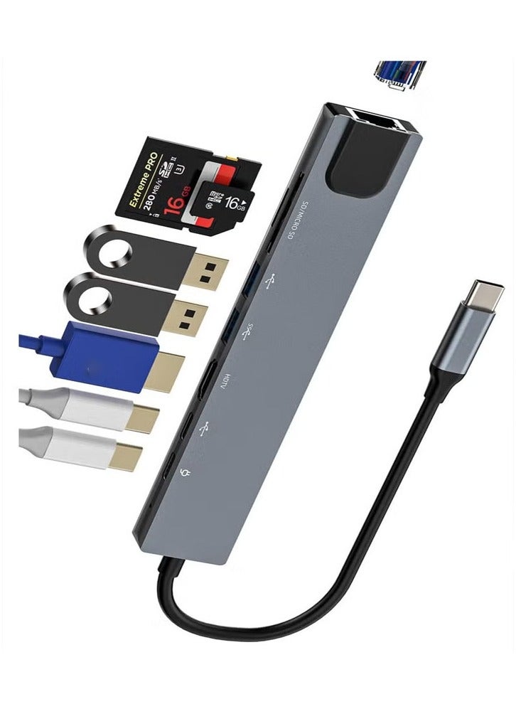 موزع USB C عام 8 في 1 متعدد المنافذ من النوع C إلى محول HDMI مع فتحات قارئ بطاقة SD TF HDMI 4K و3 منافذ USB 3.0 لأجهزة MacBook Pro Air M3 M2 M1 iPad Pro M4 iPhone 16 15 Pro Max Galaxy S24 S23 Ultra | فضي - Image 2