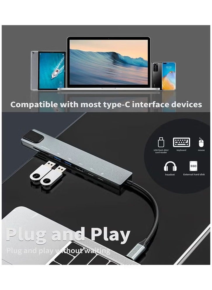 موزع USB C عام 8 في 1 متعدد المنافذ من النوع C إلى محول HDMI مع فتحات قارئ بطاقة SD TF HDMI 4K و3 منافذ USB 3.0 لأجهزة MacBook Pro Air M3 M2 M1 iPad Pro M4 iPhone 16 15 Pro Max Galaxy S24 S23 Ultra | فضي - Image 5
