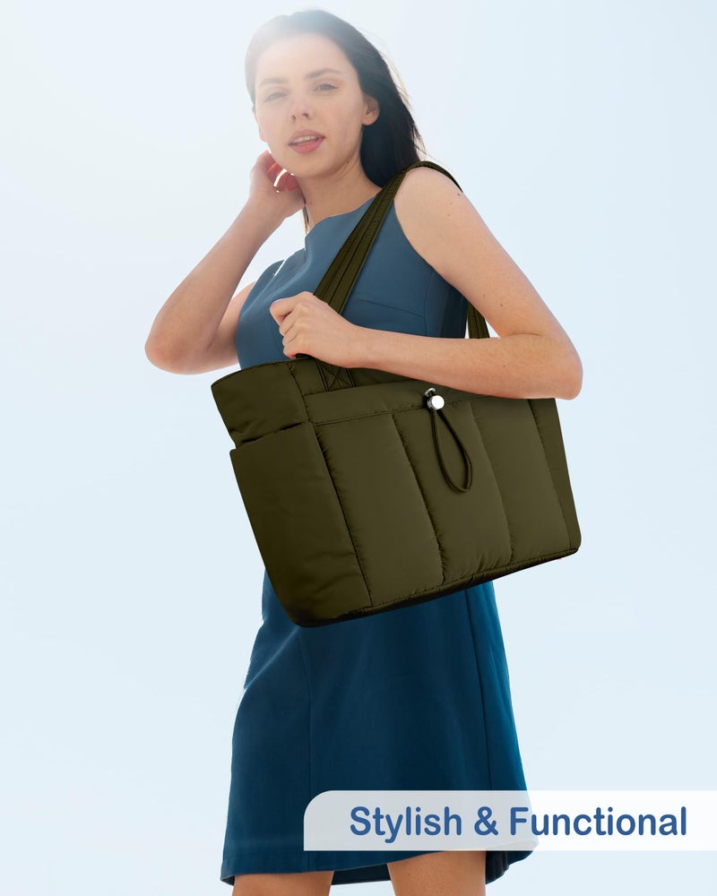 TOPDesign Puffy Tote Bag for Women with Cup Holder & Laptop Compartment & Cosmetic Bag & Trolley Sleeve for Work, Travel (M Dark Green) - Image 3