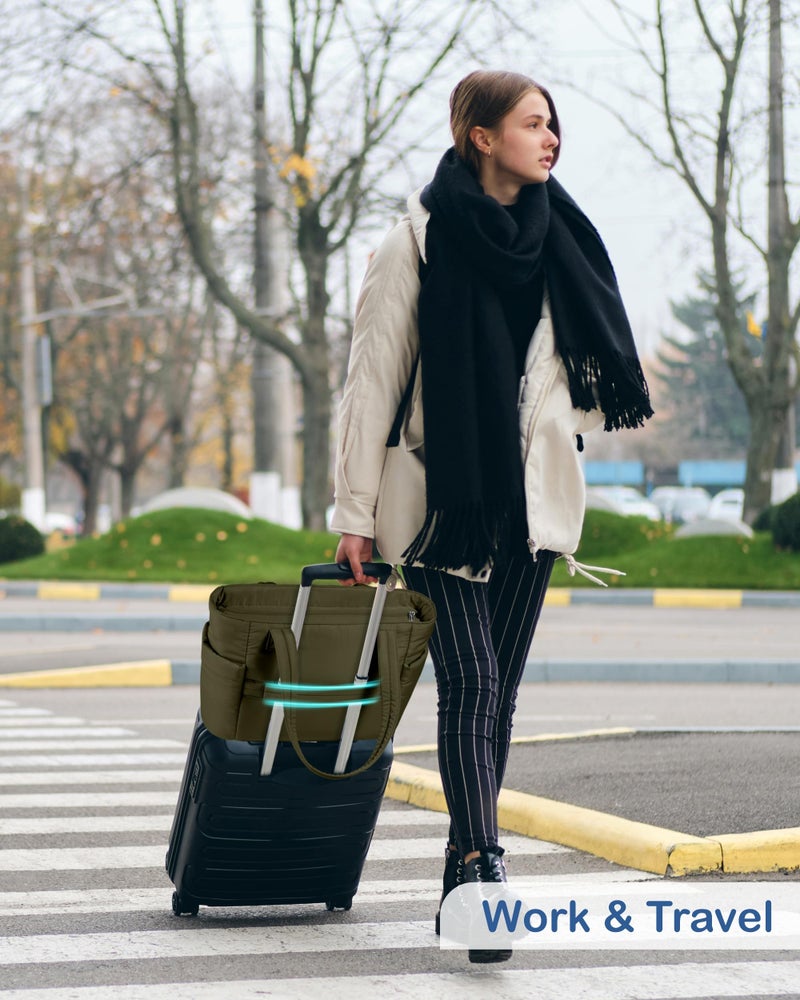 TOPDesign Puffy Tote Bag for Women with Cup Holder & Laptop Compartment & Cosmetic Bag & Trolley Sleeve for Work, Travel (M Dark Green) - Image 2