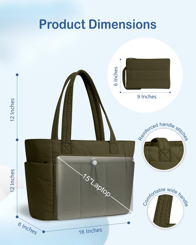 TOPDesign Puffy Tote Bag for Women with Cup Holder & Laptop Compartment & Cosmetic Bag & Trolley Sleeve for Work, Travel (M Dark Green) - Image 5