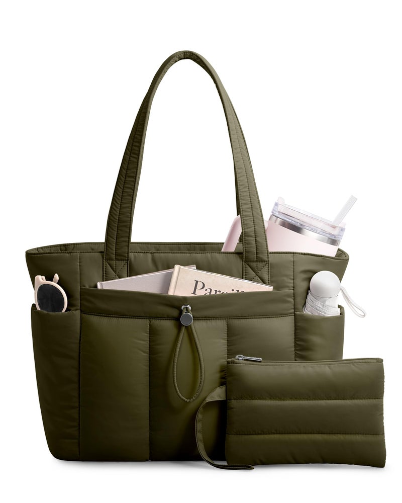 TOPDesign Puffy Tote Bag for Women with Cup Holder & Laptop Compartment & Cosmetic Bag & Trolley Sleeve for Work, Travel (M Dark Green) - Image 1