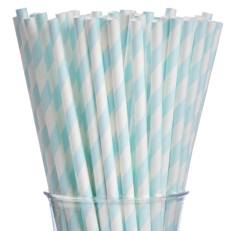 ALINK 100 Light Baby Blue and White Striped Paper Straws, Biodegradable Disposable Drinking Straws for Baby Shower, Brithday, New Year, Party Decoration Supplies - Image 1