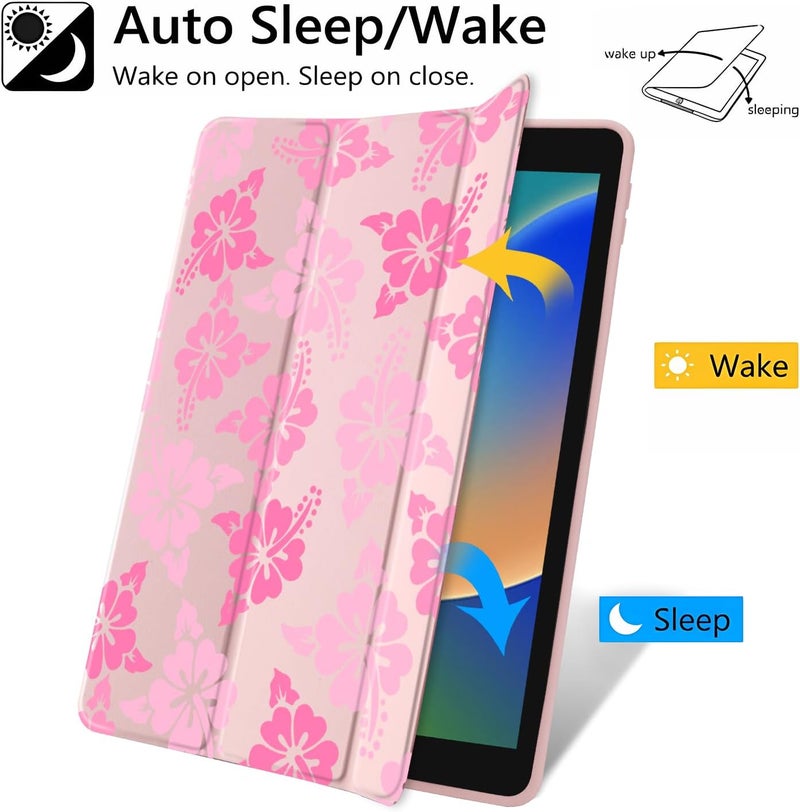 JOYLAND غلاف بنمط زهرة الكركديه الوردي لـ iPad Air مقاس 13 بوصة (M3) 2025/ (M2) 2024، غلاف لوحي صلب خلفي شفاف من الأكريليك باللون الوردي مع حامل قلم ووقاية ثلاثية الطيات للفتيات والنساء - Image 3