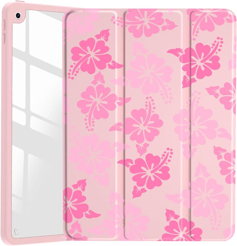 JOYLAND غلاف بنمط زهرة الكركديه الوردي لـ iPad Air مقاس 13 بوصة (M3) 2025/ (M2) 2024، غلاف لوحي صلب خلفي شفاف من الأكريليك باللون الوردي مع حامل قلم ووقاية ثلاثية الطيات للفتيات والنساء - Image 1
