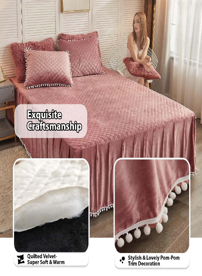 LIFEREVO LIFEREVO Luxury Pom Poms Velvet Bed Skirt, Velvet Wrap Around Bed Skirt, Diamond Quilted Fitted Bed Sheet Bedskirt, 18 Inch Drop Dust Ruffle Decorative Bed Skirt Pompoms Fringe(Full/Queen, Old Pink)  - Image 2