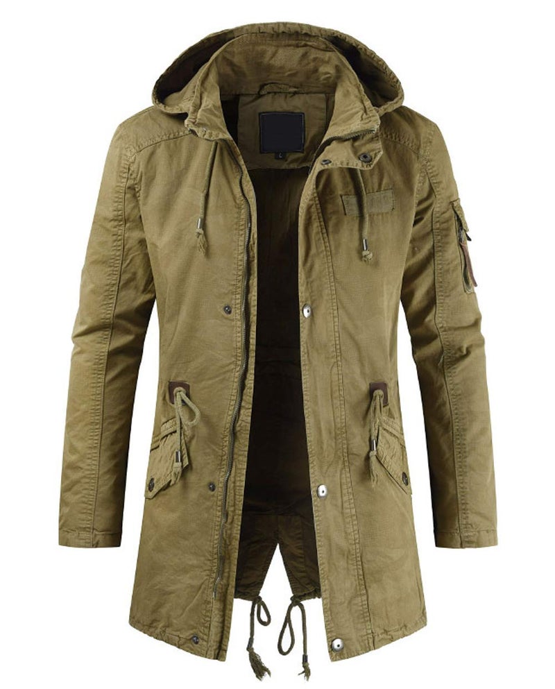 chouyatou Mens Spring Military FullZip Removable Hooded Cotton MidLong Parka Jacket Coat Medium Khaki
