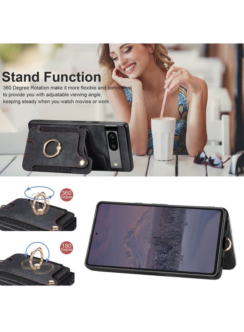 KASTWAVE Pixel 7a Case with Card Holder Wallet, Ring Holder Stand, RFID-Blocking, Wrist Strap, Camera Protector - Premium Leather Flip Cover for Google Pixel 7A 2023 - Image 4