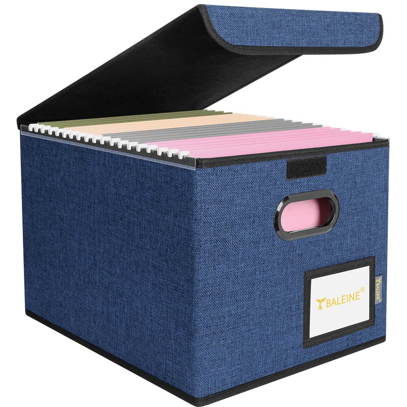 BALEINE File Organizer Box with Lid, Collapsible File Folder Organizer with Plastic Slide, Hanging File Folder Box for Office Document Storage (1 Pack, Blue) - Image 1