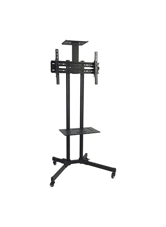 Skill Tech Alpha Universal Mobile TV Stand for 32 to 65 inch LCD/LED TVs with Locking Wheels, Integrated Camera Mount, and DVD/Media Storage Rack | Adjustable Height, Tempered Glass Base, and Cable Management (Black) - Image 1