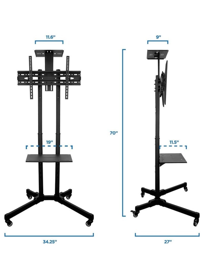 Skill Tech Alpha Universal Mobile TV Stand for 32 to 65 inch LCD/LED TVs with Locking Wheels, Integrated Camera Mount, and DVD/Media Storage Rack | Adjustable Height, Tempered Glass Base, and Cable Management (Black) - Image 3