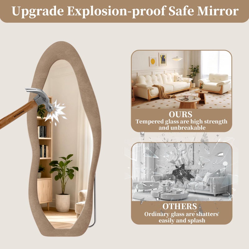 FlyEcho Full Length Mirror, 63"x24" Flannel Full Body Mirrors, Velvet Floor Mirrors with Stand, Irregular Wavy Mirror Hanging or Leaning Against Wall for Bedroom Living Room, Brown - Image 2