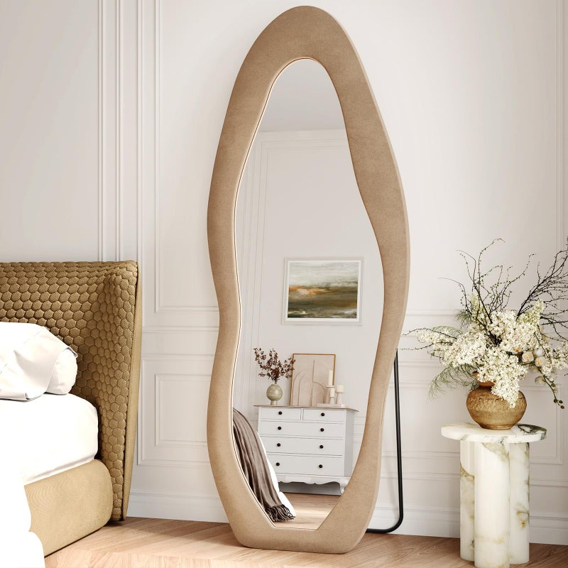 FlyEcho Full Length Mirror, 63"x24" Flannel Full Body Mirrors, Velvet Floor Mirrors with Stand, Irregular Wavy Mirror Hanging or Leaning Against Wall for Bedroom Living Room, Brown - Image 1
