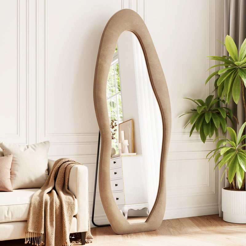FlyEcho Full Length Mirror, 63"x24" Flannel Full Body Mirrors, Velvet Floor Mirrors with Stand, Irregular Wavy Mirror Hanging or Leaning Against Wall for Bedroom Living Room, Brown - Image 4