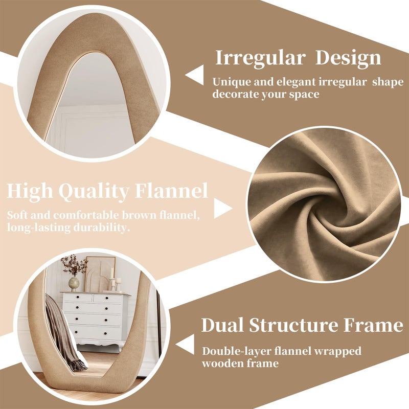 FlyEcho Full Length Mirror, 63"x24" Flannel Full Body Mirrors, Velvet Floor Mirrors with Stand, Irregular Wavy Mirror Hanging or Leaning Against Wall for Bedroom Living Room, Brown - Image 5