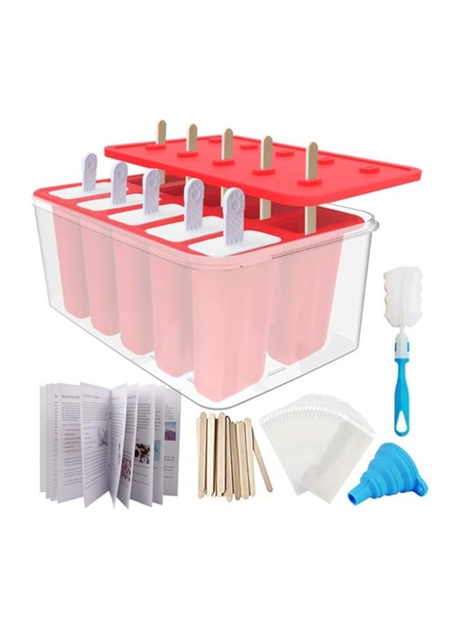 Homemade Popsicle Molds Shapes, 10PCS Silicone Ice Pop Maker Non-BPA, with 50 Sticks, 50 Bags, 10 Reusable Sticks, Funnel, Brush and Ice Pop Recipes