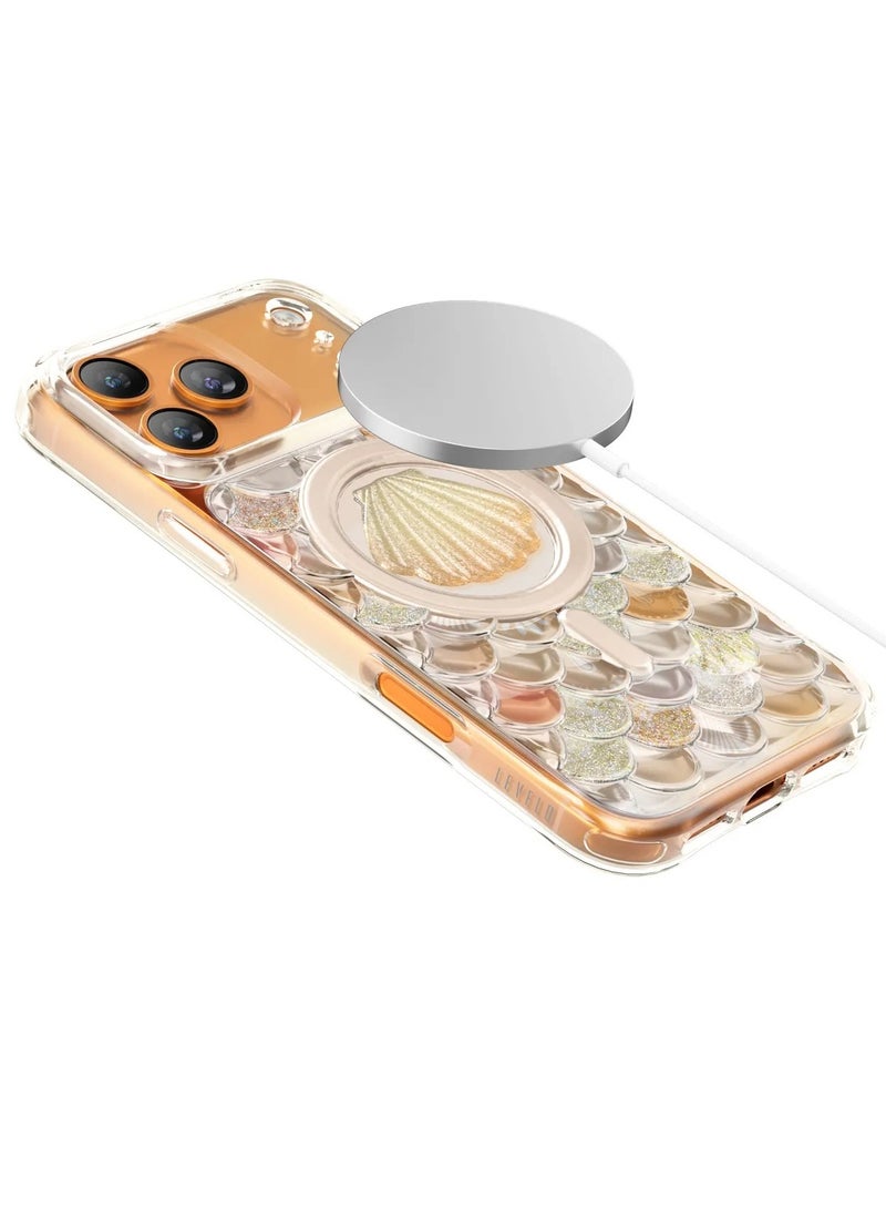 LEVELO iPhone 17 Pro MagSafe Case Pearl 3D IML With Shock-Resistant Bumper & Raised Bezels For Camera And Screen / Ocean-Inspired Elegance /Impact-Resistant Back Cover - Orange - Image 3