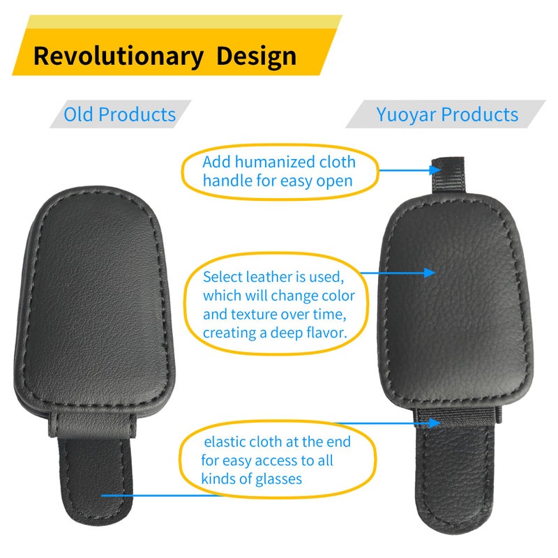 Yuoyar Sunglass Holder for Car, Magnetic Leather Sunglasses Holder and Ticket Card Clip, Car Visor Accessories, 2 Packs (Black) - Image 2