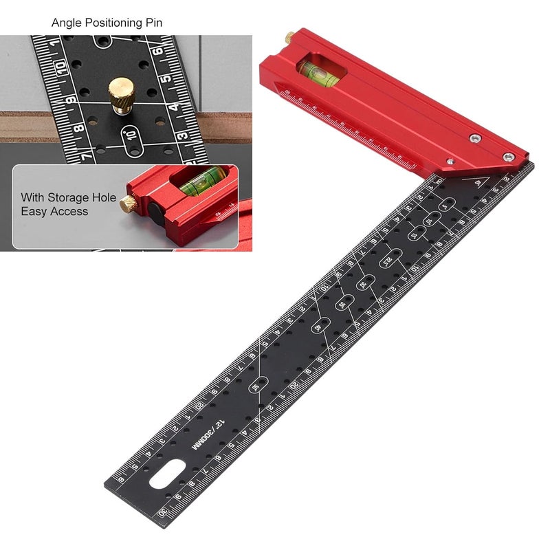 12 Inch Aluminum Carpenter Square Ruler with Bubble Level and Angled Locator Pin - Image 5