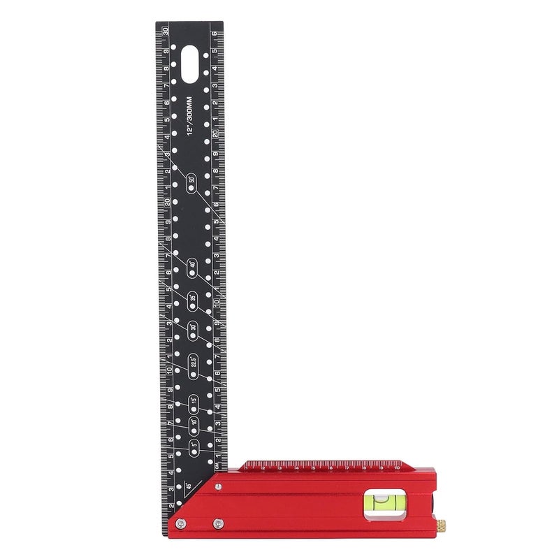 12 Inch Aluminum Carpenter Square Ruler with Bubble Level and Angled Locator Pin - Image 1