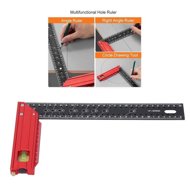 12 Inch Aluminum Carpenter Square Ruler with Bubble Level and Angled Locator Pin - Image 4