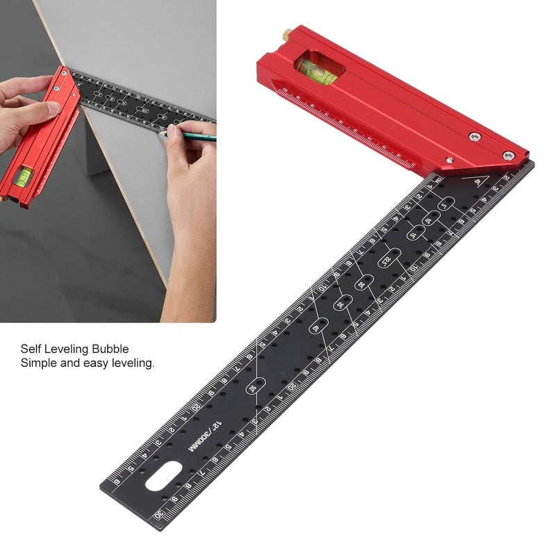 12 Inch Aluminum Carpenter Square Ruler with Bubble Level and Angled Locator Pin - Image 3