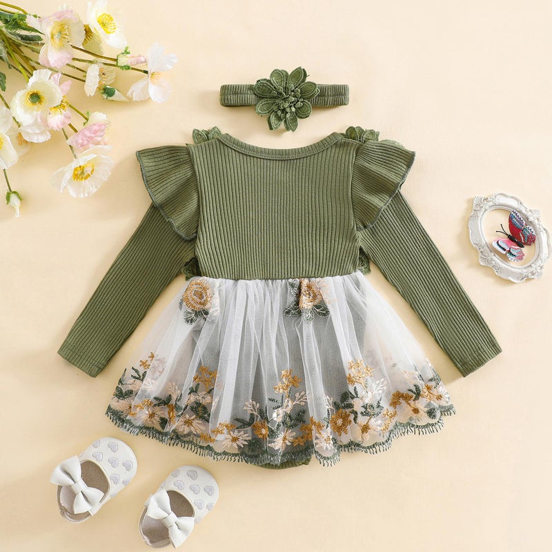 Douhoow Baby Girl Romper Dress Embroidery Lace Flowers Baby Dress Romper Fall Winter Festival Clothes with Headband (Green, 0-3 Months) - Image 3
