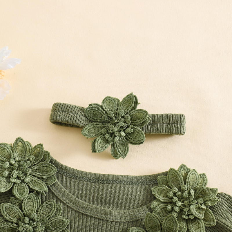 Douhoow Baby Girl Romper Dress Embroidery Lace Flowers Baby Dress Romper Fall Winter Festival Clothes with Headband (Green, 0-3 Months) - Image 4