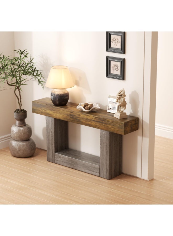 Anvanke 120cm Console Table, Rustic 2-Tier Entryway Table with U-Shape Base, Slim Wooden Sofa Table for Behind Couch, Living Room, Hallway and Foyer - Image 4