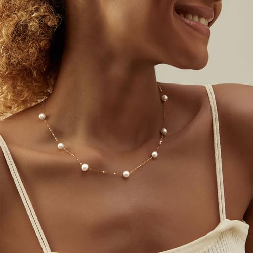 VRIUA Pearl Necklaces for Women 14k Gold Plated Pearl Necklace Dainty Everyday Minimalist Gold Necklace for Women - Image 2