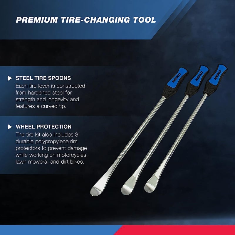Neiko 20601A 14.5” Steel Tire Spoons Tool Set, Tire Tools Include 3 Piece Tire Spoons, 3 Piece Rim Protector, Valve Tool, 6 Piece Valve Cores, Motorcycle Tire Changer, Dirt Bike Tire Levers - Image 2