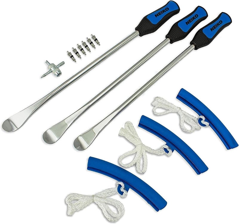 Neiko 20601A 14.5” Steel Tire Spoons Tool Set, Tire Tools Include 3 Piece Tire Spoons, 3 Piece Rim Protector, Valve Tool, 6 Piece Valve Cores, Motorcycle Tire Changer, Dirt Bike Tire Levers - Image 1